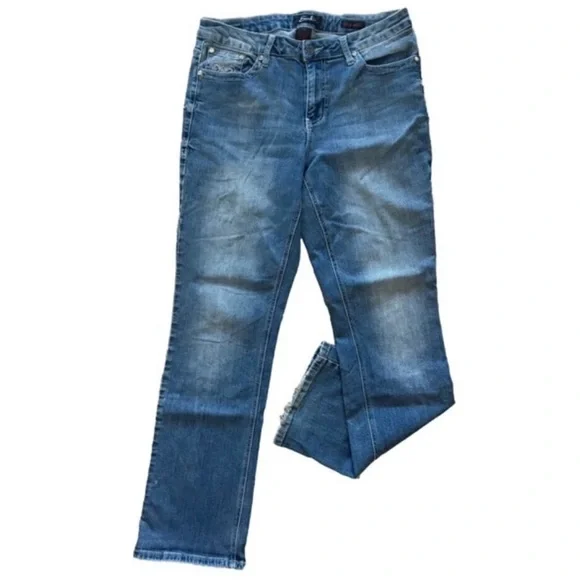 โจ EARL JEAN Rhinestone Fleur-de-Lis Slim Boot Jeans โ Womenโs 14 โจ - Picture 1 of 14